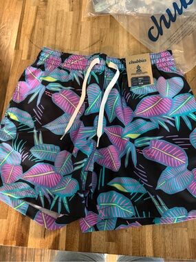 chubbies Black Swim Shorts with Neon Purple, Teal & Lime Leaf Print